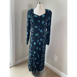 Vintage Carole Little Womens 10 Black Teal Long Sleeve Button Up Midi Dress